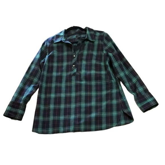 Talbots Women's Green Tartan Plaid Blouse Size 10 Non Iron Rhinestone Button - Picture 3 of 5